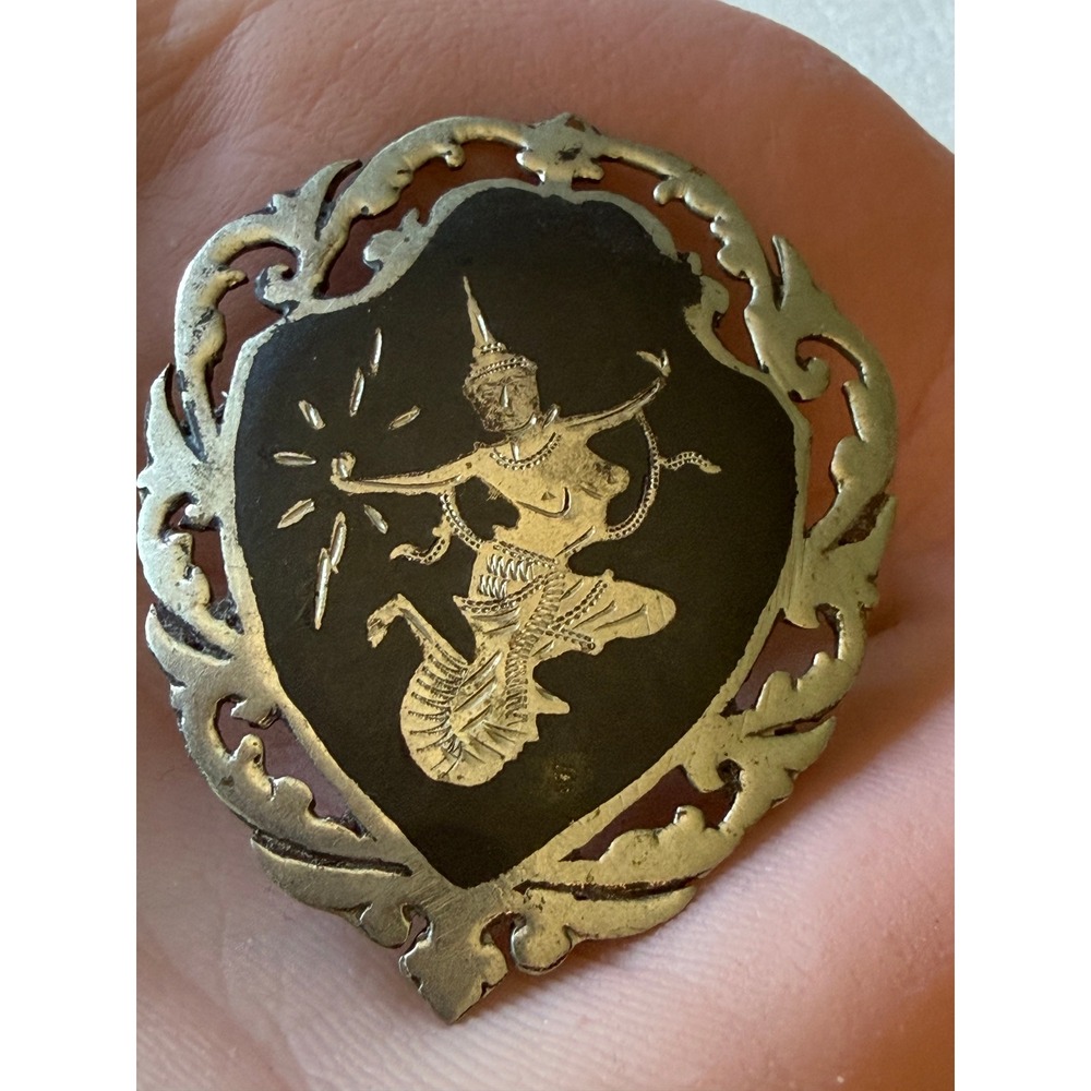 Vintage Siam Sterling Silver Niello Brooch Thai Goddess Mekkala Pin Mid Century